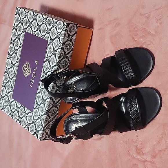 Isola Falmouth Black Leather Strappy Chunky 3.5"Heel Sandals - Size 8.5 - Picture 1 of 10